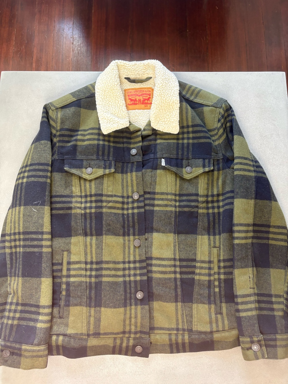 Levi's Olive / Navy Plaid Sherpa Trucker Jacket